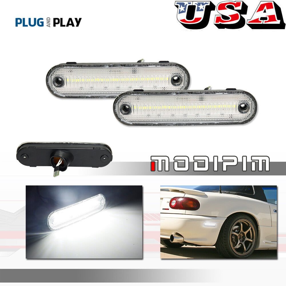Two transparent front and rear white LED side marker lights for 1990-2005 for Mazda Miata MX-5.