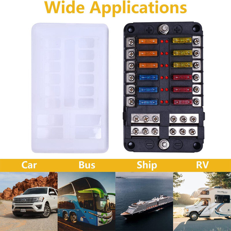 12-channel automatic fuse box, 32V with LED indicator, suitable for use in cars, trucks, boats, RVs, and ships.