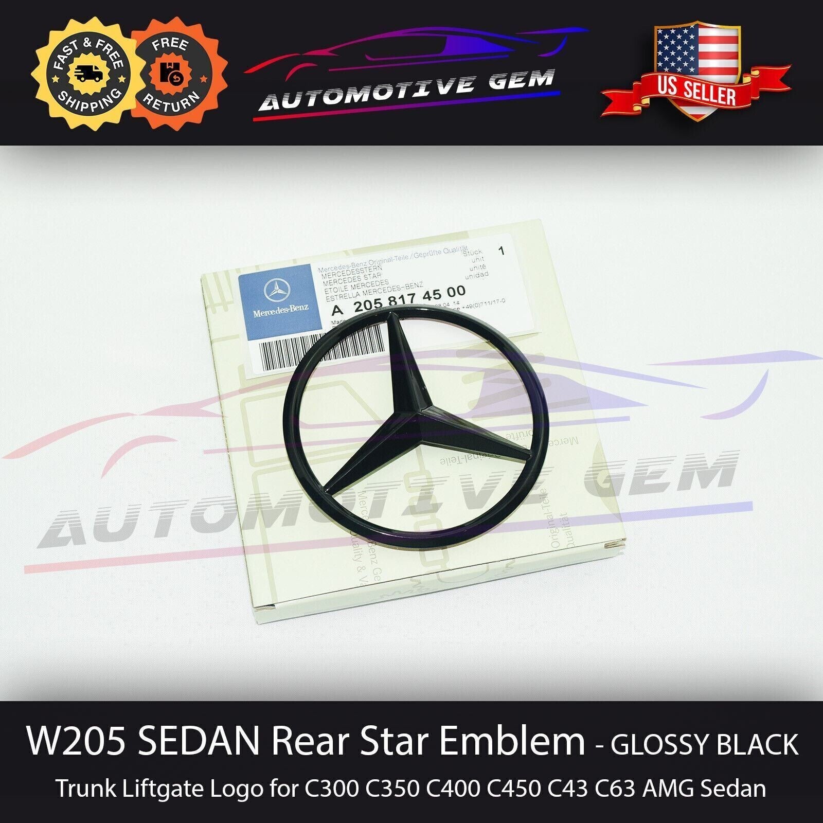 W205 SEDAN NEW GLOSS BLACK Star Emblem Rear Trunk Lid Logo Badge AMG C300