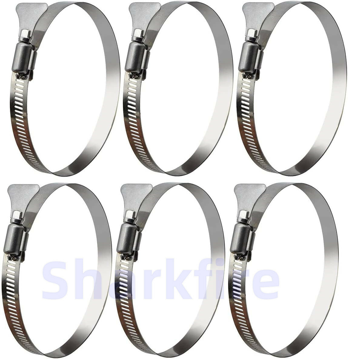 4-inch/6-pack hose clamps, 304 stainless steel, adjustable worm gear drive hose clamps.