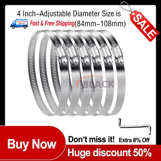6-piece hose clamp set, adjustable 84-108 mm hose clamps and screw clamps.