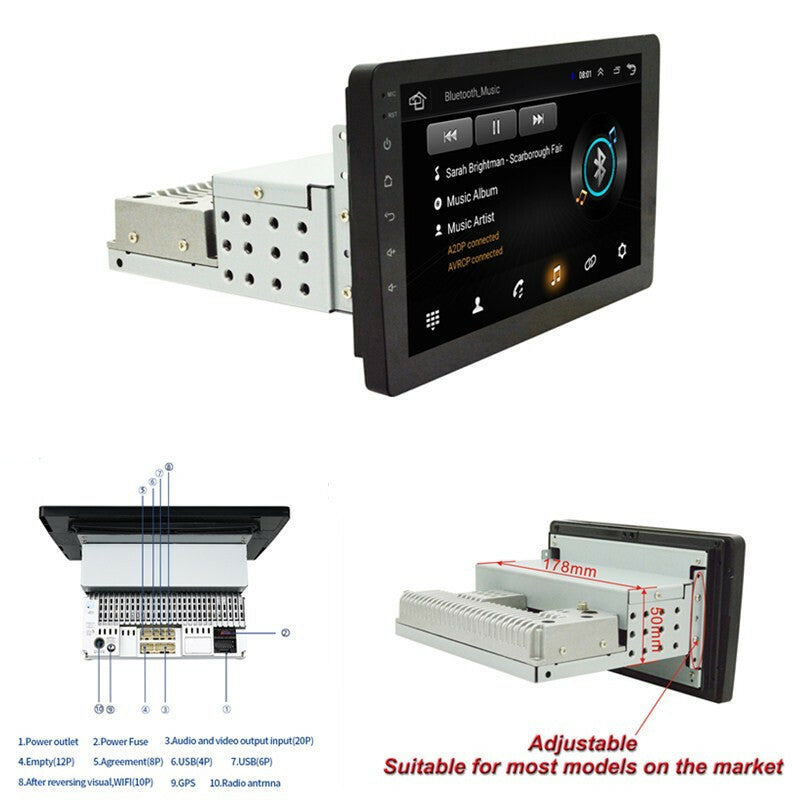 1DIN Adjustable10 in Stereo Wifi Android Touch-Screen Car GPS Navigation Radio