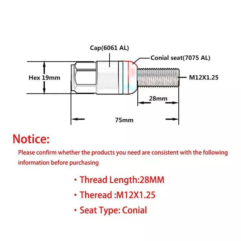 20-pack 28mm M12x1.25 wheel lug bolts with tapered for seat studs for Jeep for Chrysler for Dodge silver