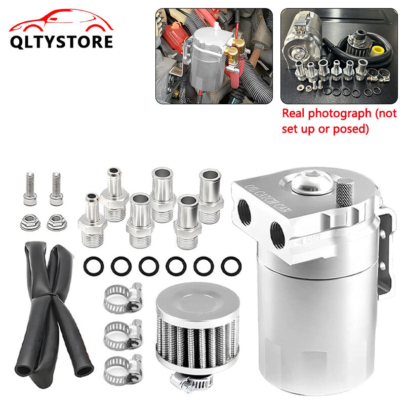 Oil Catch Can Kit Reservoir Baffled Tank with Breather Filter Aluminum Silver
