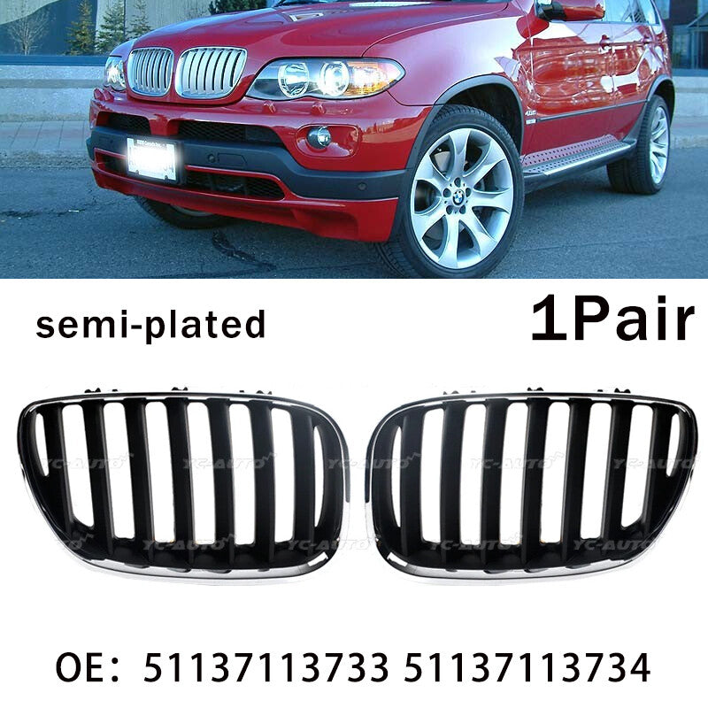 1 Pair Front Hood Chrome Black Bumper Grille Grill For X5 E53 2000-2006