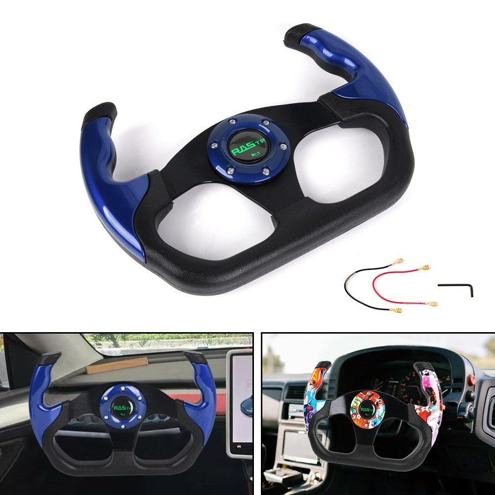 Universal Blue U Shape Flat Dish Drift Racing Steering Wheel 6 Holes+Horn Button