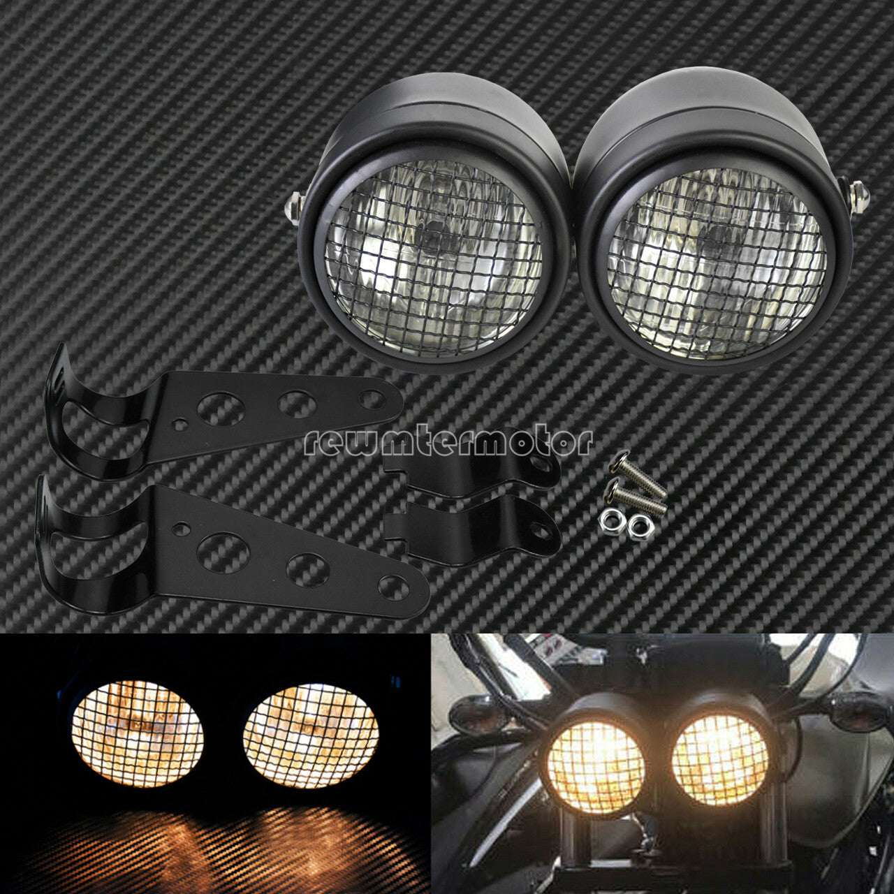 Grill Twin Headlight Motorcycle Double Dual Lamp w/ Bracket For Street Fighter
