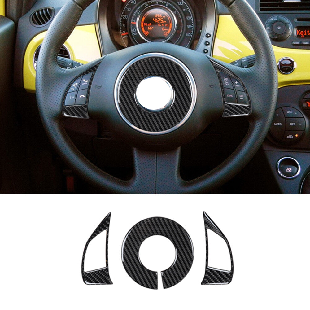 3Pcs Carbon Fiber Steering Wheel Accent Cover Trim for Fiat 500 2012-2015