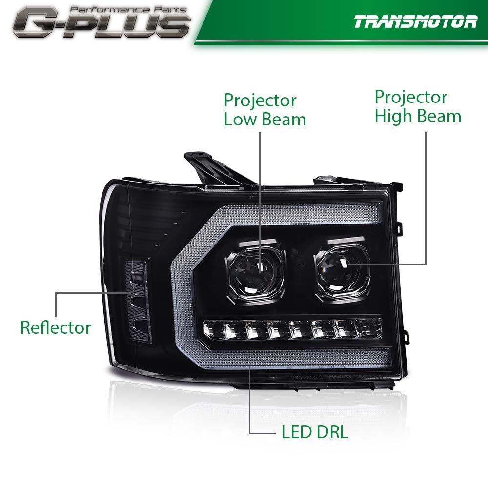 Suitable for 2007-2013 for GMC for Sierra 1500 2500HD 3500HD LED DRL tube projector headlights.