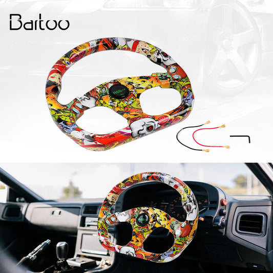 Universal Graffiti Flat Drift Racing Steering Wheel D Shape Horn Button 6 Holes