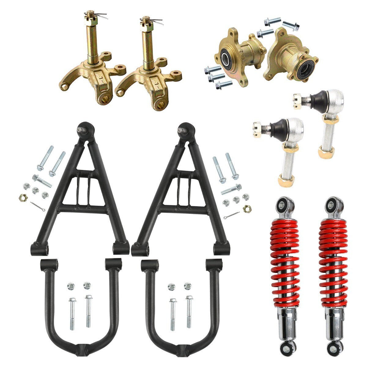 Upper/lower control arm front suspension arm component kit for four-wheeled bicycles, all-terrain vehicles, and go-karts