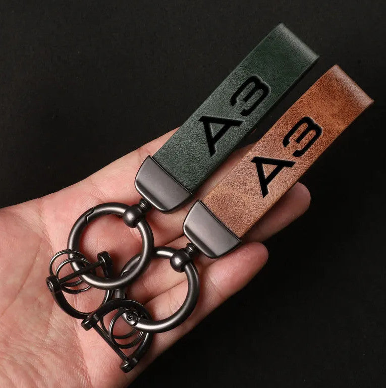 Suitable for Audi A3 car keychain/key ring, dark green leather horseshoe buckle gift.