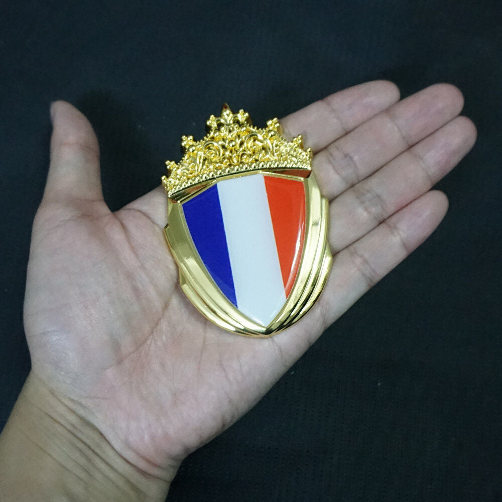 Golden France Chrome Flag Metal Grille Emblem + 2x Badge Decal Sticker Motor Car