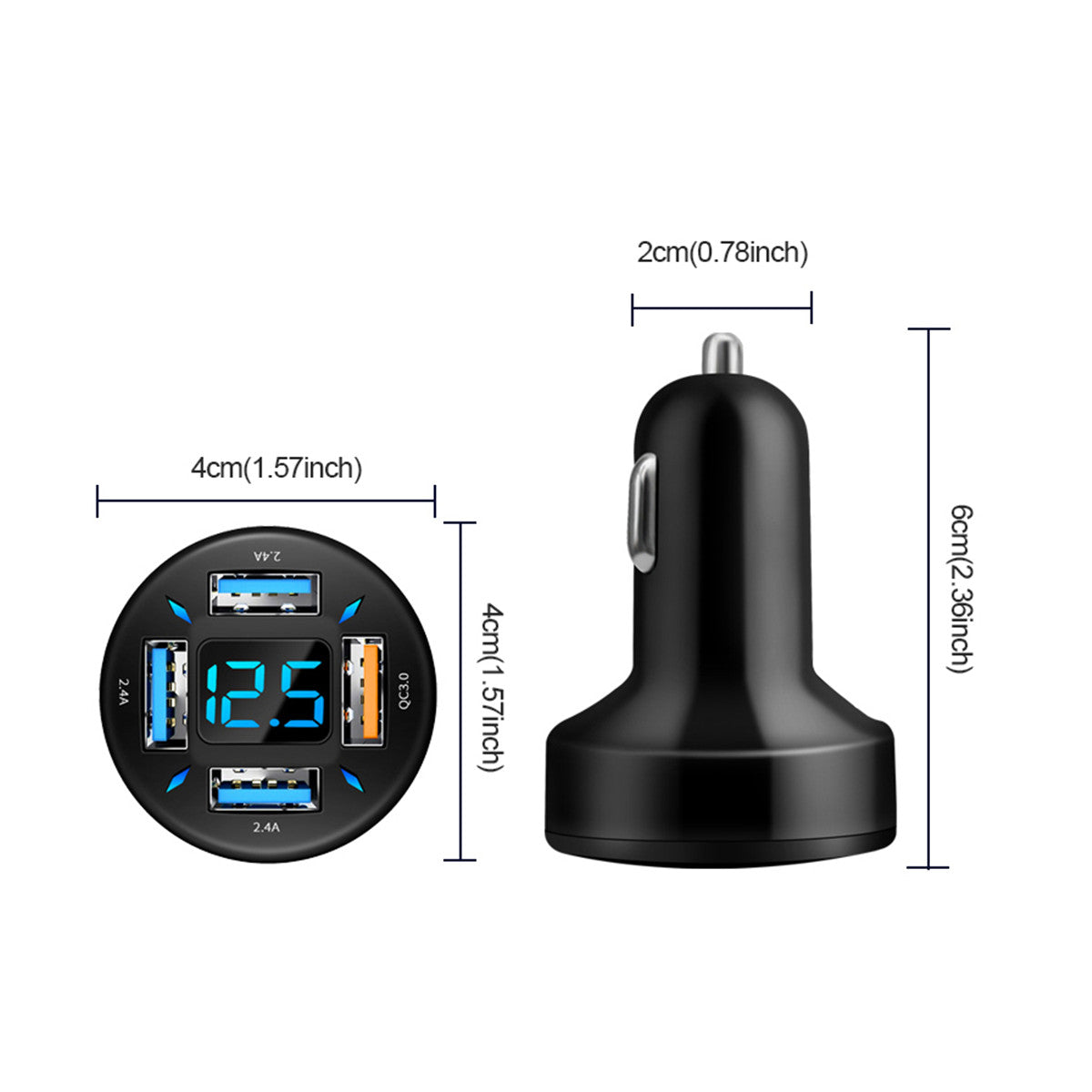 USB 4 Port 12-24V Car Charger Adapter Black for Samsung Huawei With Voltage