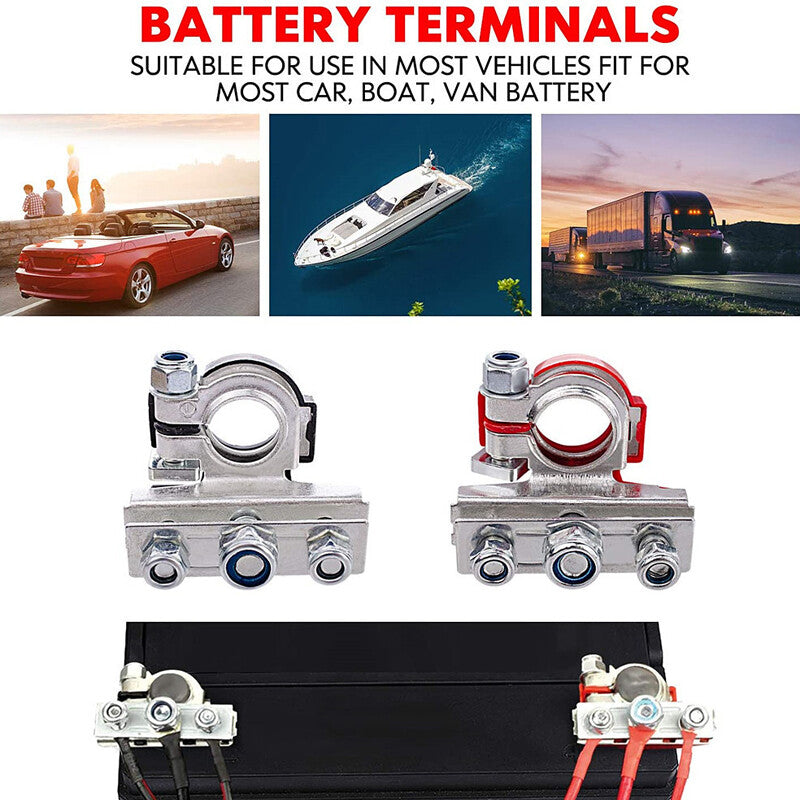 2 battery terminal connectors with 3 top post positive and negative ports for car/boat use.