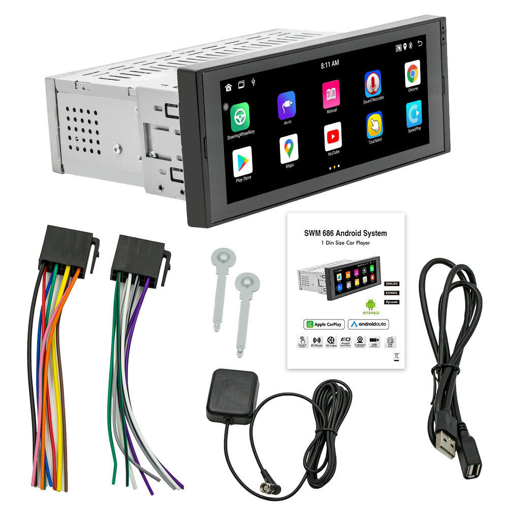6.86in Single Din CarPlay GPS WiFi Car Stereo Radio Android Auto Touch Screen