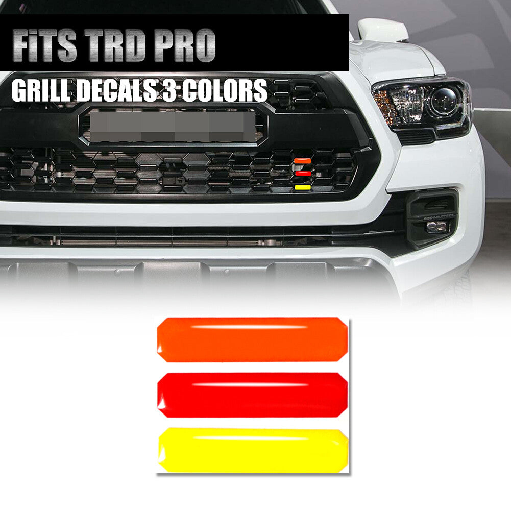 Grill decals in 3 colors: red, orange, and yellow. 3D dome design suitable for Toyota Tacoma 4Runner Tundra.