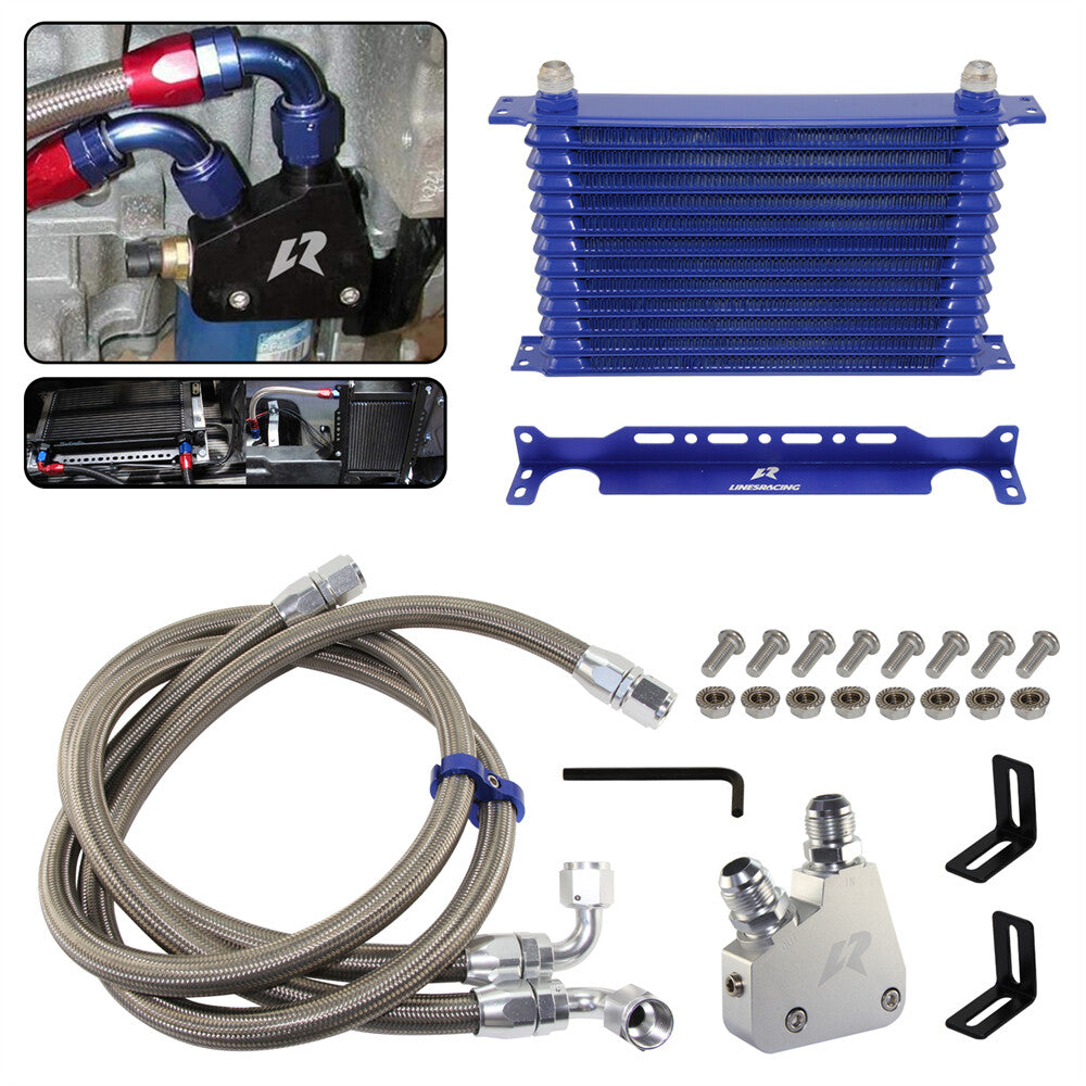 13 Row Engine Oil Cooler Kit+Sandwich Plate adapter For LS1 LS2 LS3+Bracket Blue