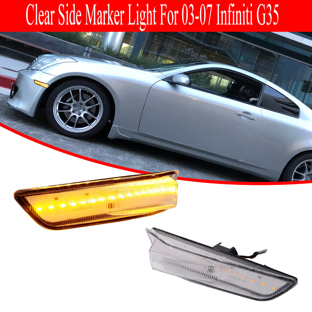 Two transparent front fender side marker lights with amber LEDs for 03-07 for Infiniti G35 Coupe.