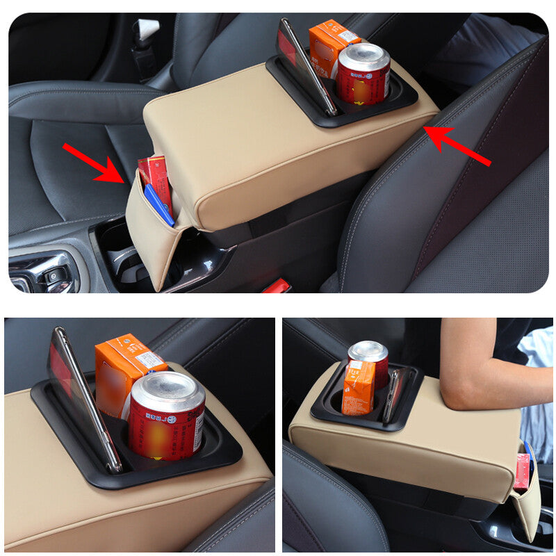 Double cup holder car armrest mat car center console storage box back cushion beige