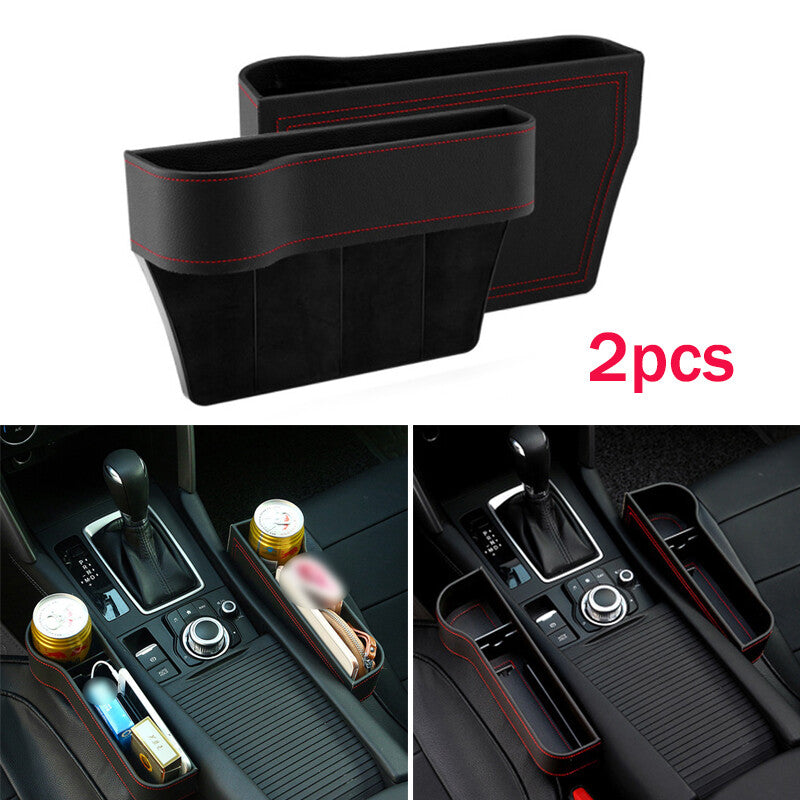 2-Piece Car for Seat Gap Storage Box, Cup Holder Organizer, PU L+R, Black Leather with Red Stitching