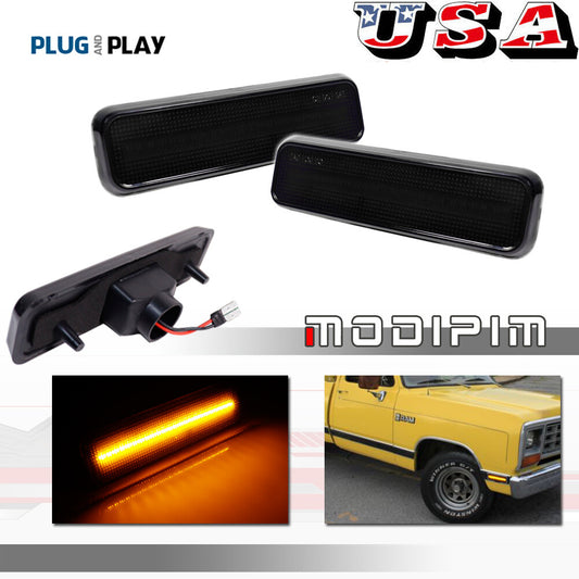 Smoked amber LED bumper side marker lights for Dodge D100, D150, D250