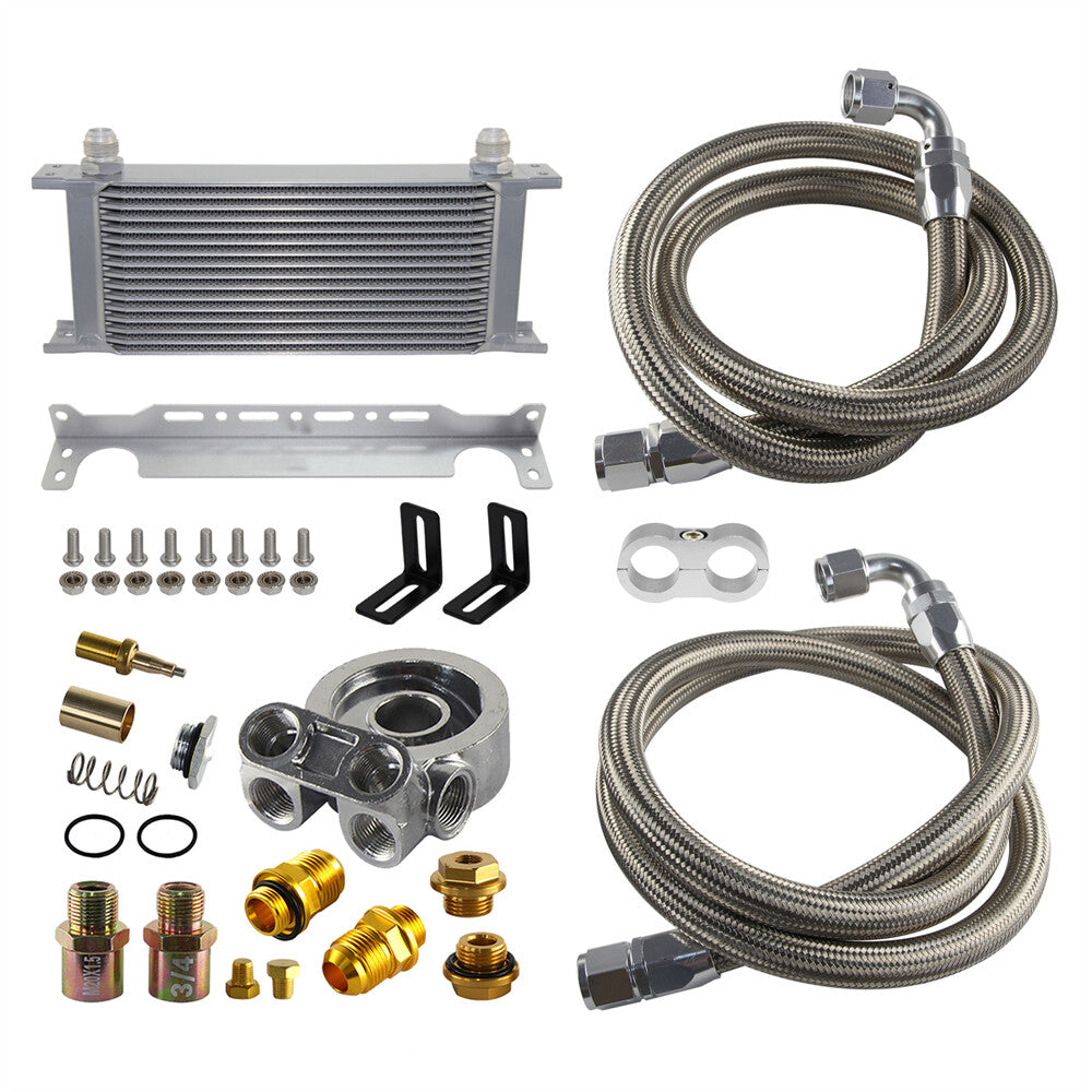 Universal 16 Row Oil Cooler Kit 80¡ãC Thermostat Adapter 3/4 x16UNF +Braided Hose
