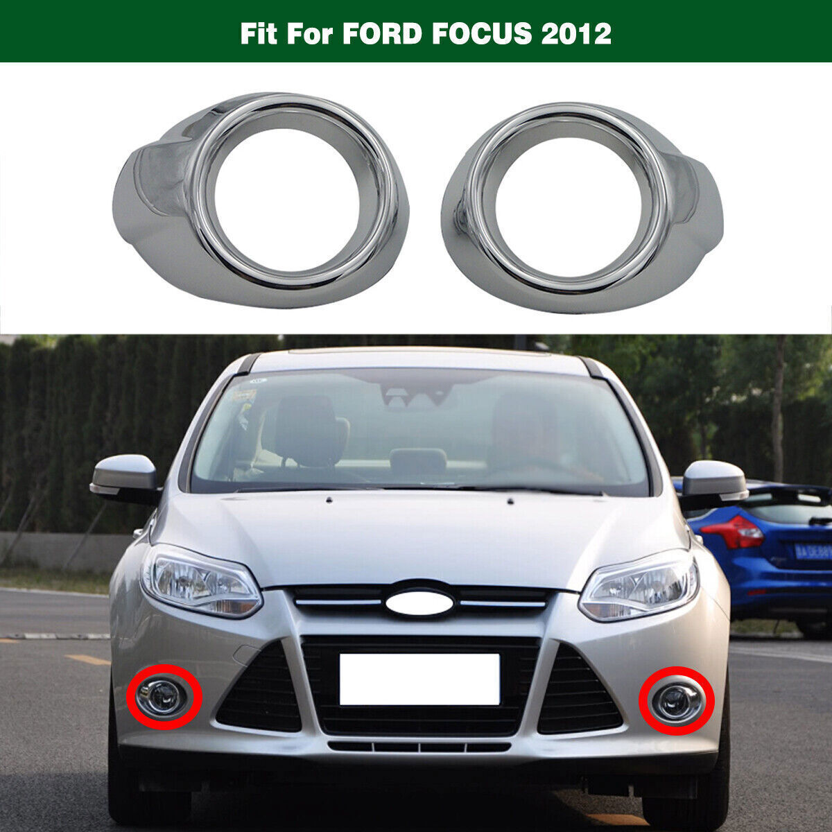 2PCS Chrome Front Bumper Fog Light Ring Cover Trim Bezel for Ford Focus 12-2014