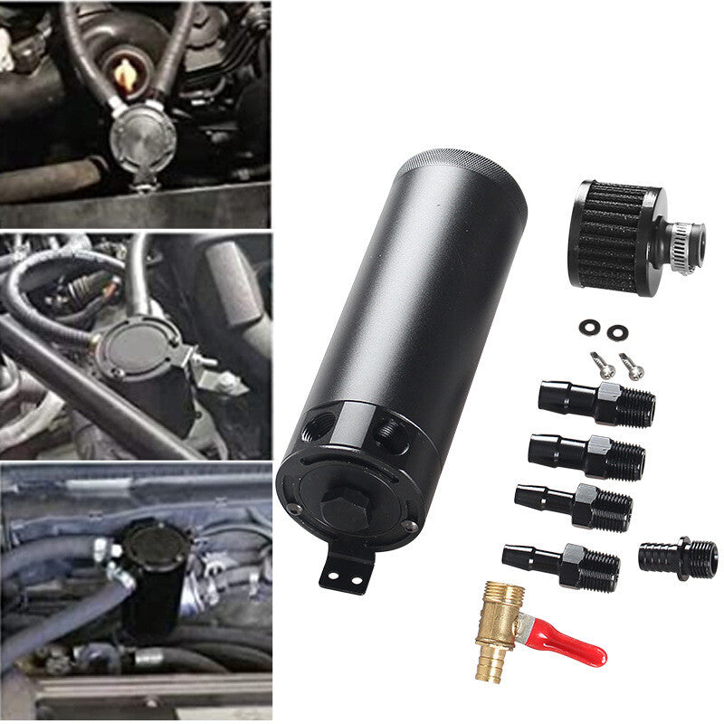 3/8 NPT Baffled 2-Port Oil Catch Can Tank w/ Breather Filter Black Aluminum