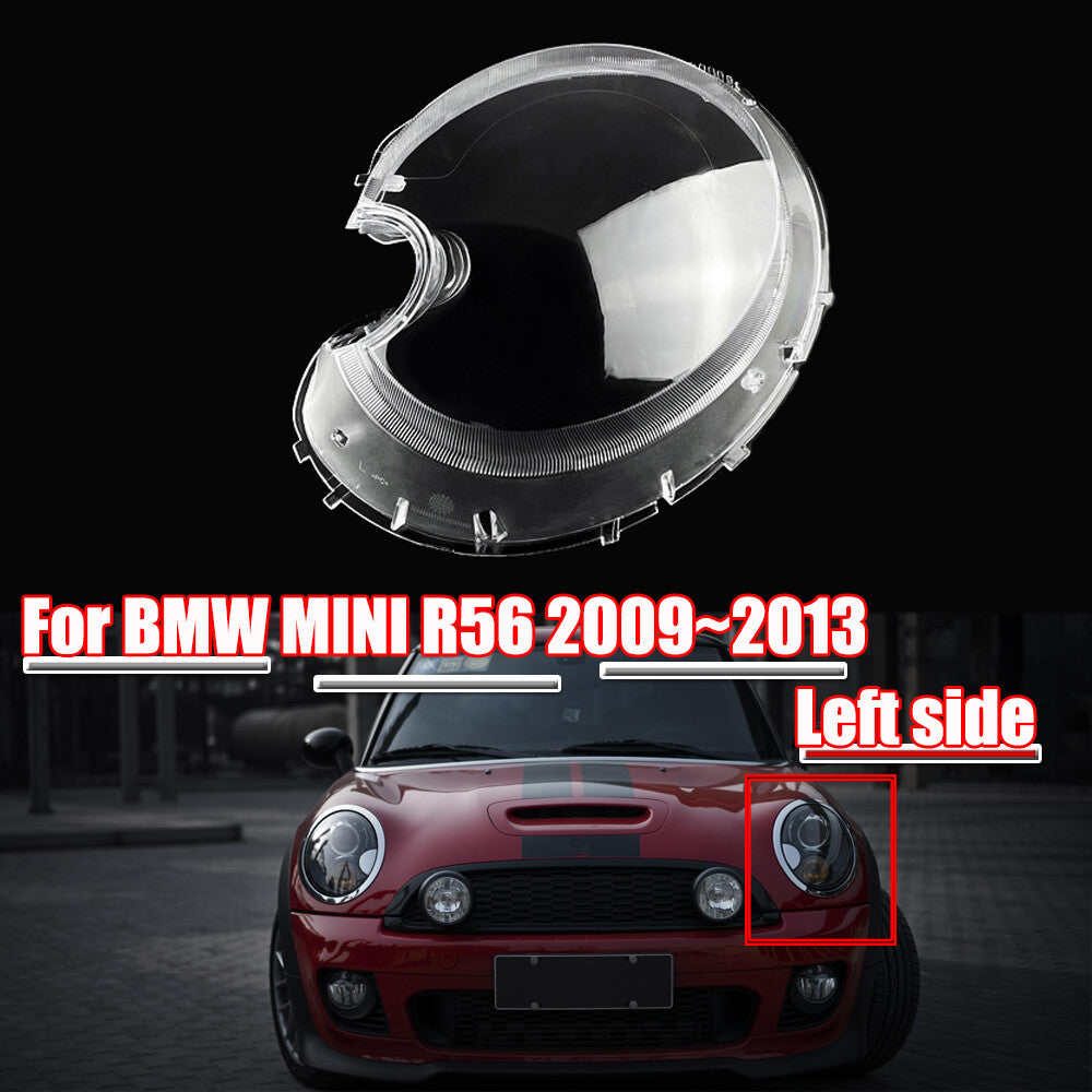 Transparent front cover for left headlight lens, suitable for Mini R56 Cooper Hatchback 2009-13
