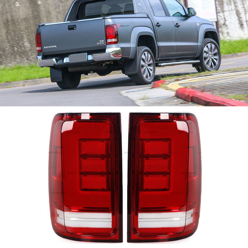 A pair of LED taillights, brake lights, and turn signals for Volkswagen Amarok V6 2009-2020.