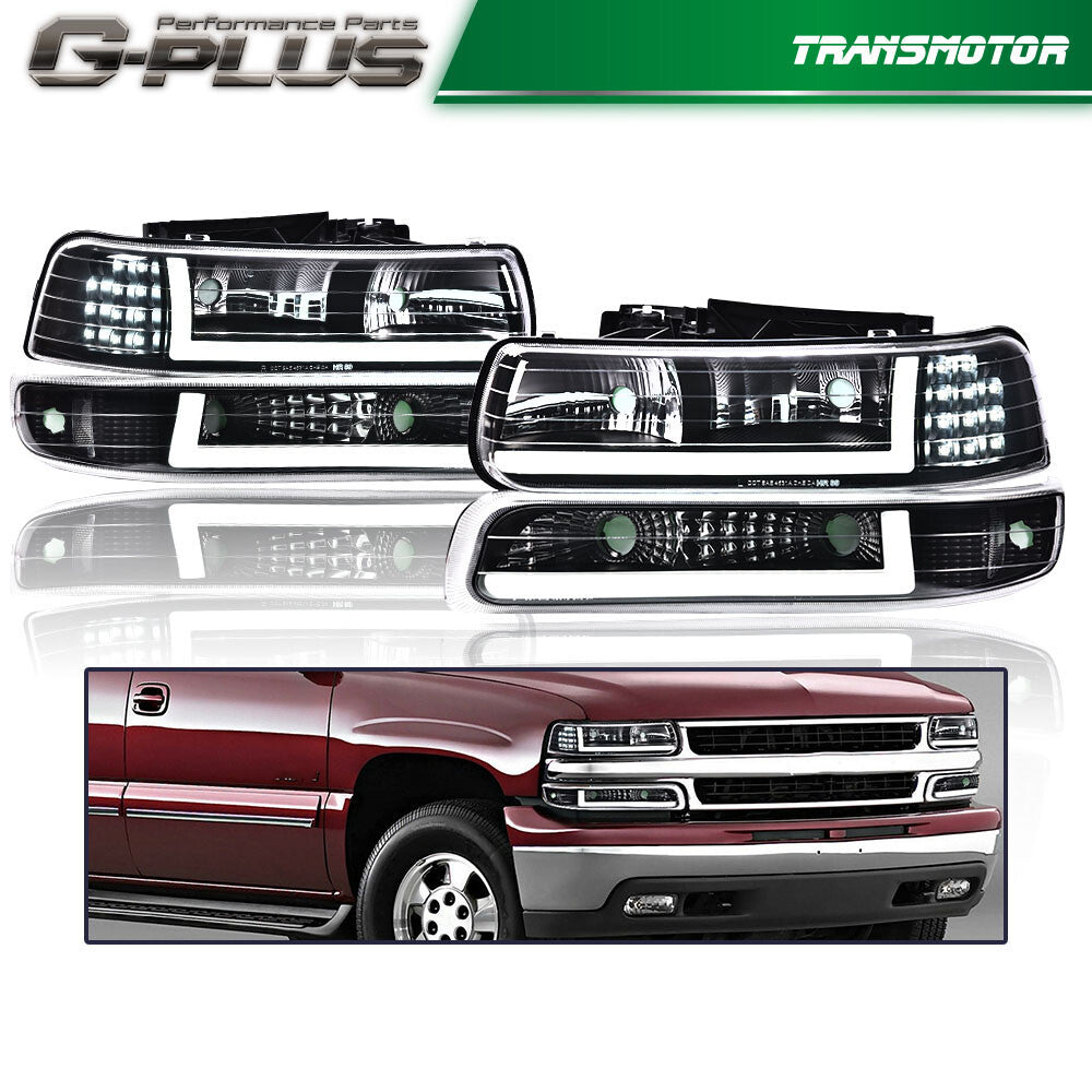 LED DRL for 99-02 for Chevrolet Silverado 1500 2500 HD headlights + bumper lights in black.