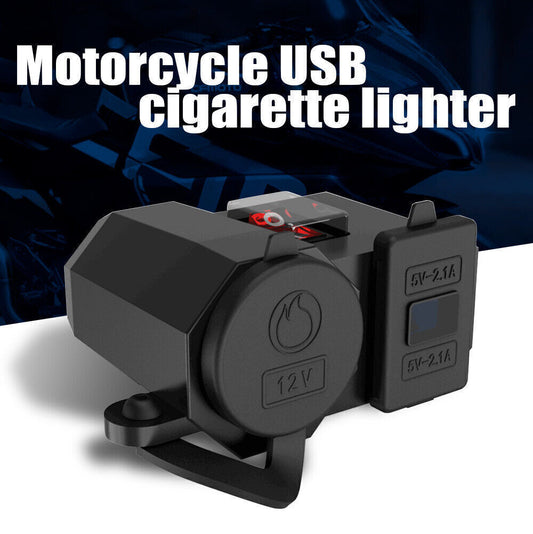 Motorcycle Cigarette Lighter Socket Outlet Dual USB Charger LED Voltmeter Black