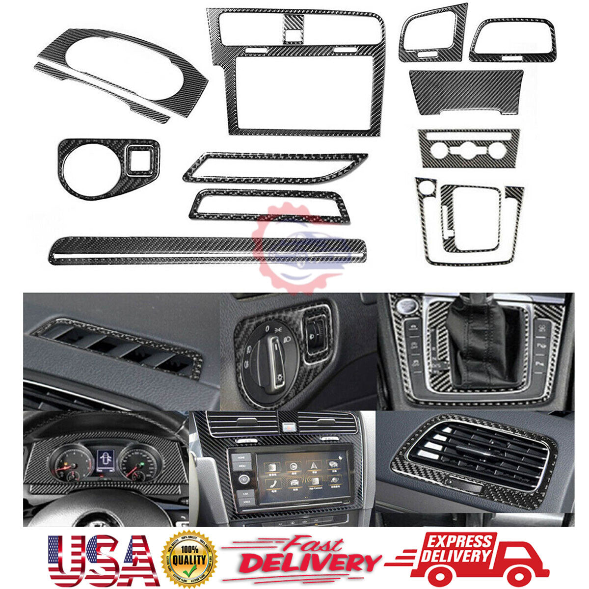 15PCS Carbon Fiber Interior Dashboard Cover Set for Golf 7 MK7 GTI 2014-19 Left