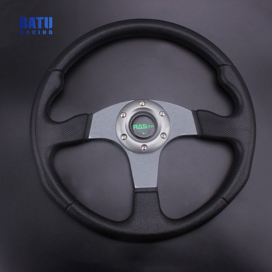 13 Aluminum Leather Universal Gray Steering Wheel+Horn Button for Most Cars