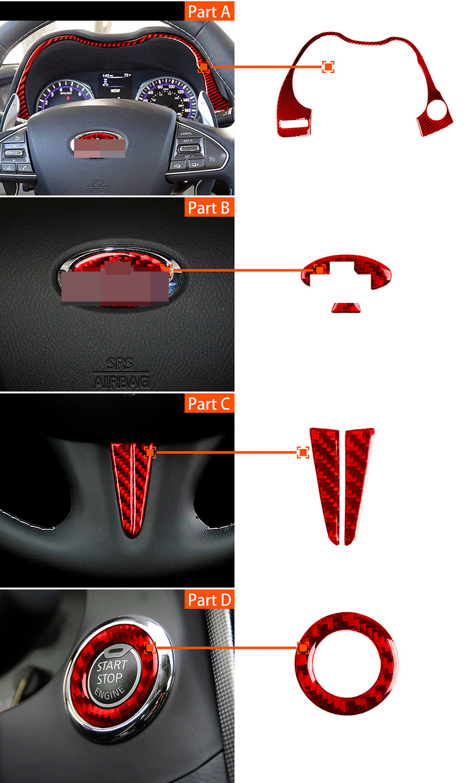 for Infiniti Q50 Q60 2014+ Dashboard Steering Wheel Start Button Trim Red Carbon