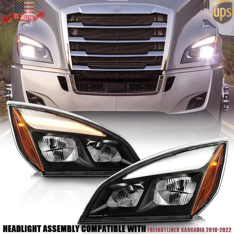 For 2018-2022 for Freightliner Cascadia Full LED Black Housing Headlights Headlamps