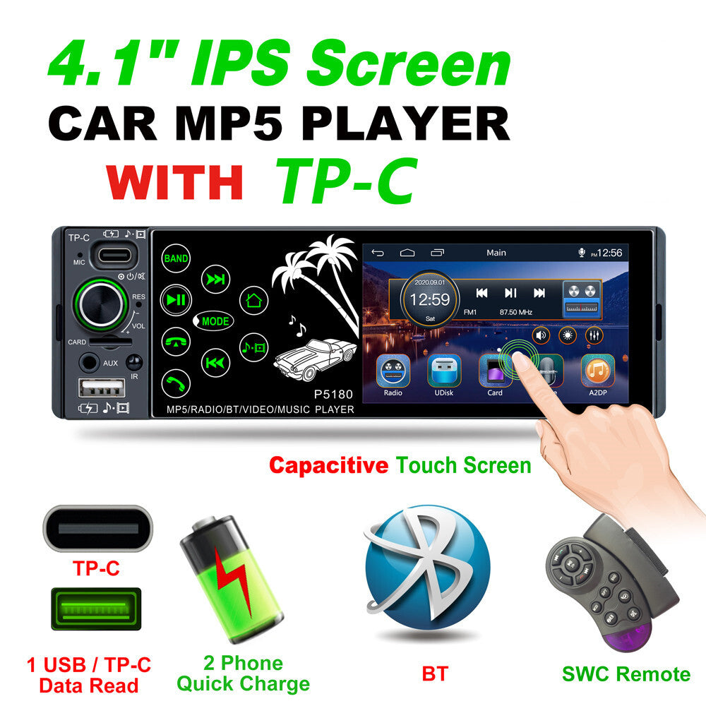 Single DIN Car Stereo Head Unit MP3 Audio Player BT AUX USB SD FM Radio In-dash
