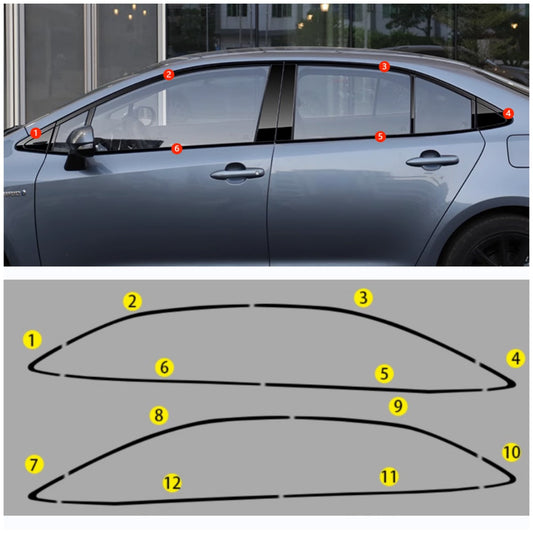 12PCS Steel Gloss Black Window Molding Cover Trim For 20-24 for Toyota for Corolla Sedan