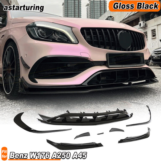 for Benz W176 A250 A45AMG Gloss Black Front Bumper Splitter Spoiler Fins 2016-18