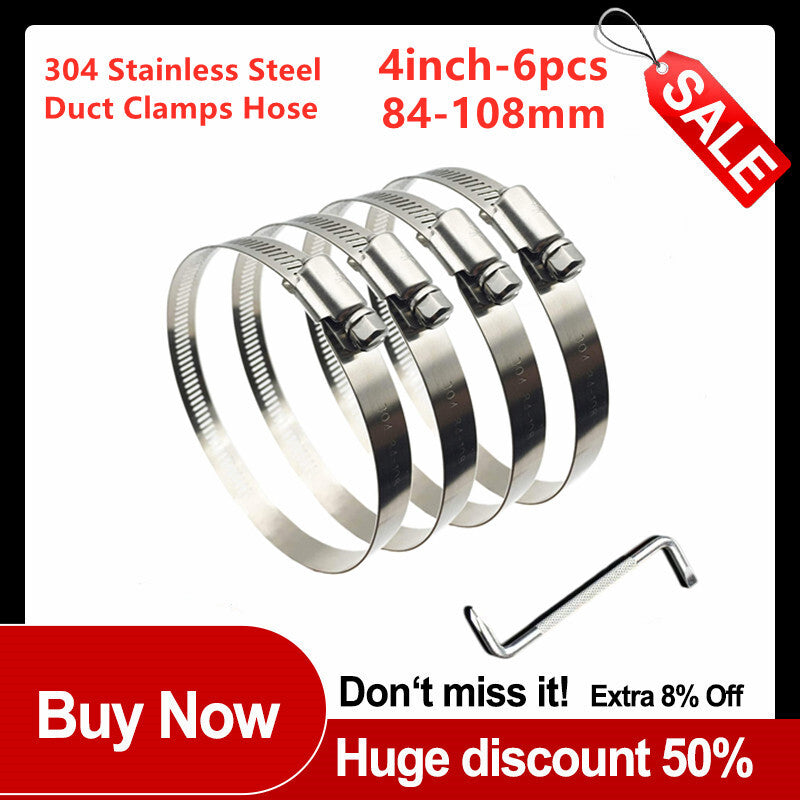 6-Piece Pack of 4-inch Clamps, Fuel Worm Gear Hose Clamps, Fuel Line Clamps, Adjustable + Wrench
