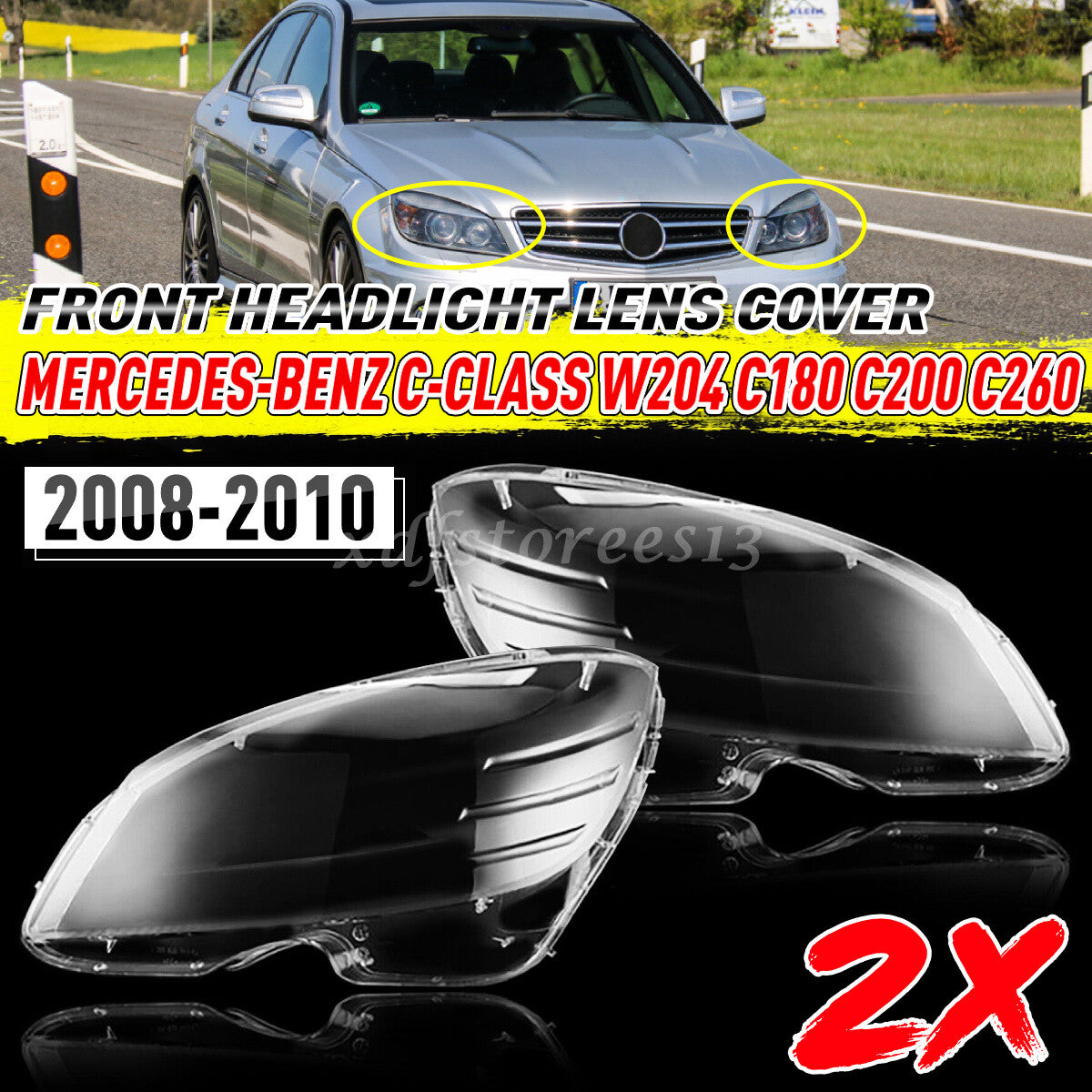 for Mercedes for Benz C W204 2008-2010 LEFT+RIGHT Headlight Lens Cover Replacement