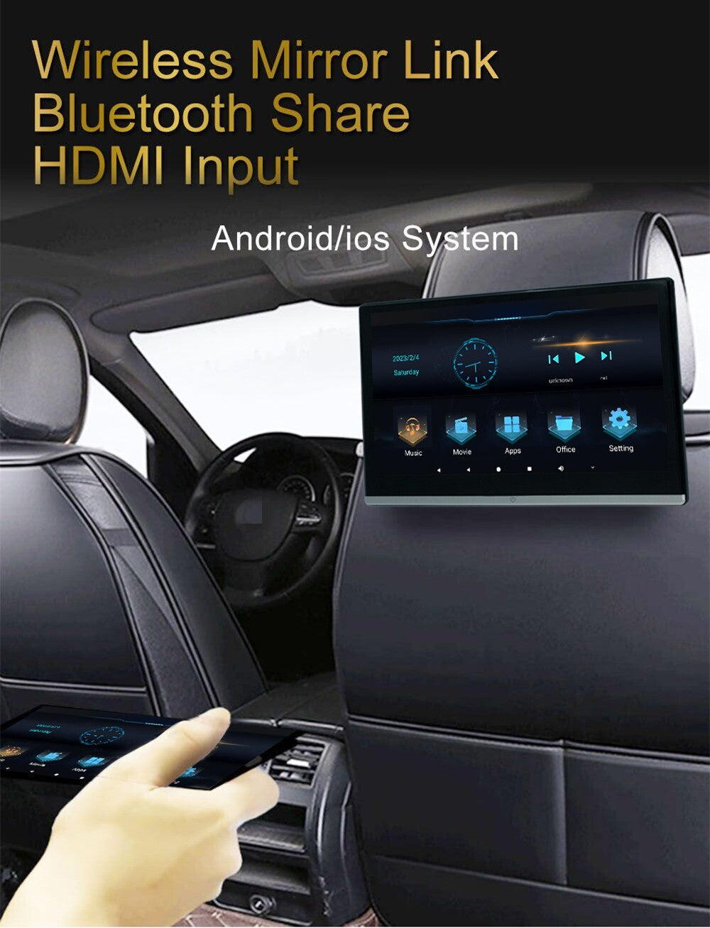 13.3in Touch Screen Car Headrest Monitor Bluetooth FM Player Android 11 WIFI