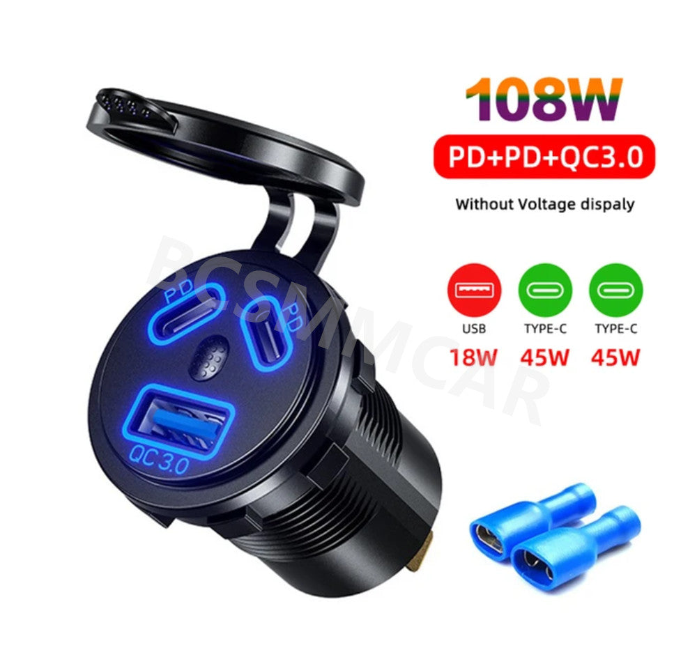 USB Type-C Car Boat Charger Socket Power Outlet Phone Charge Adapter Waterproof