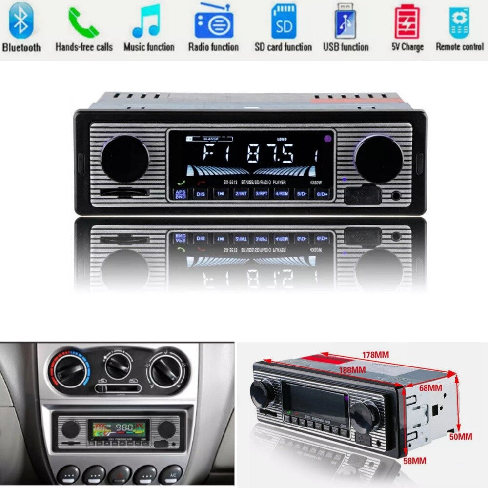 Bluetooth Vintage 1Din 12V Car FM Radio MP3 Player USB Stereo Audio Receiver AUX