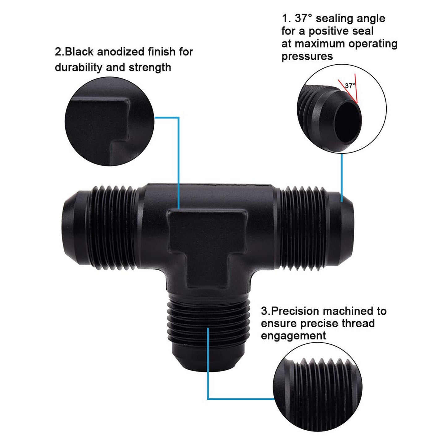 3-Way Tee T-Piece Fitting Adapter AN10 10-AN Male to 2X AN10 10-AN Male BLACK
