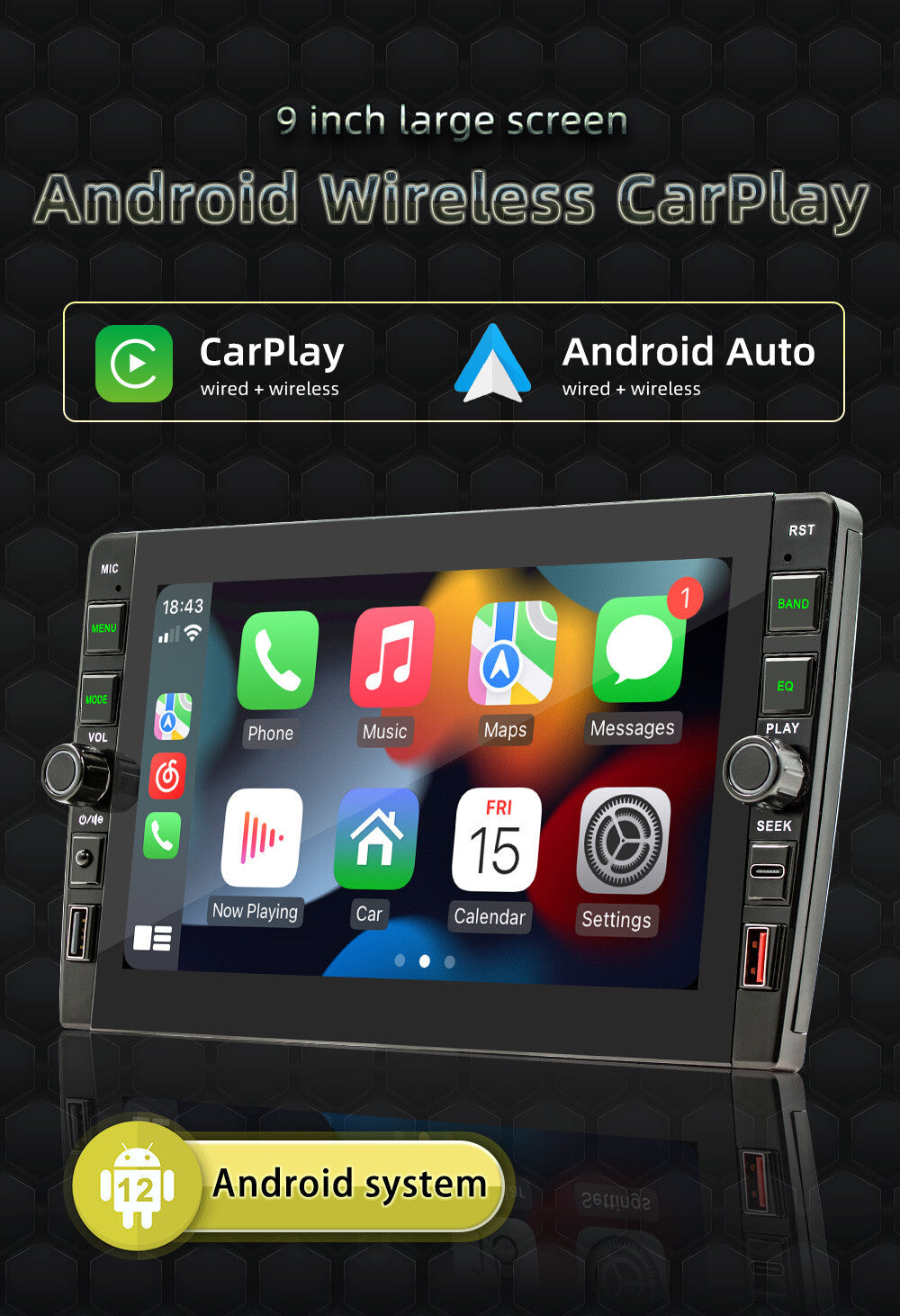 Android 12 Carplay 9in Double 2 Din Car Stereo Radio GPS Navi Multimedia Player