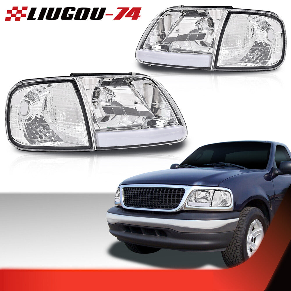 Suitable for 1997-2004 F-150 Expedition 2-piece LED DRL headlights and cornering lights in chrome.