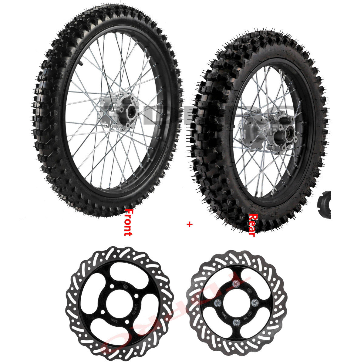 19-inch/16-inch wheels, 70/100-19 + 90/100-16 rim assembly, Dirt Pit bicycle, 150cc/160cc.