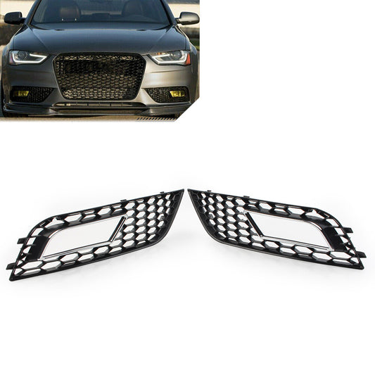 A pair of honeycomb hexagonal mesh fog light protectors for Audi A4 B8.5 2013 - 2016, silver.